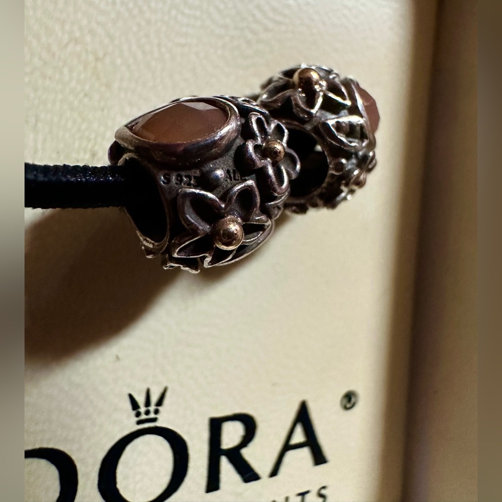 RARE‼️Authentic PANDORA Dew Drops Silver 14k Gold Orange Moonstone Onyx Charm‼️ - Picture 4 of 4